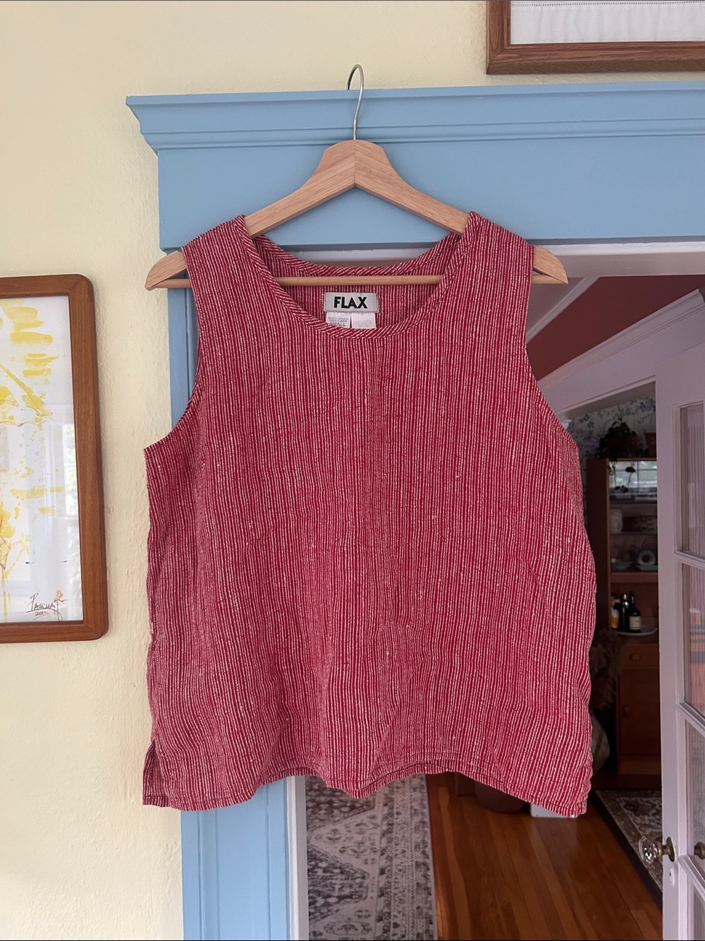 FLAX 100% Linen Red Striped Textured Sleeveless Top